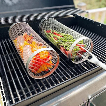Stainless Steel Rotating BBQ Grill Basket – 360° Grill Korf for Vegetables, Fries, Shrimp & Small Snacks