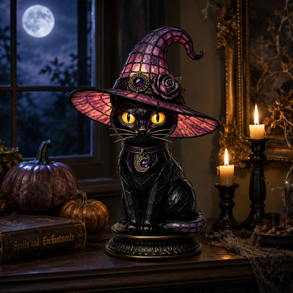 🔥 Exclusive Limited Item👍 🔥 50%OFF 🐈 Gothic Stained Glass Witch Black Cat Table Lamp | Halloween Witch Hat Night Light Decor