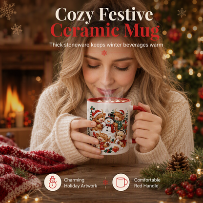 🎄 Cozy Holiday Ceramic Mug – Festive Red Handle for Hot Chocolate & Winter Drinks